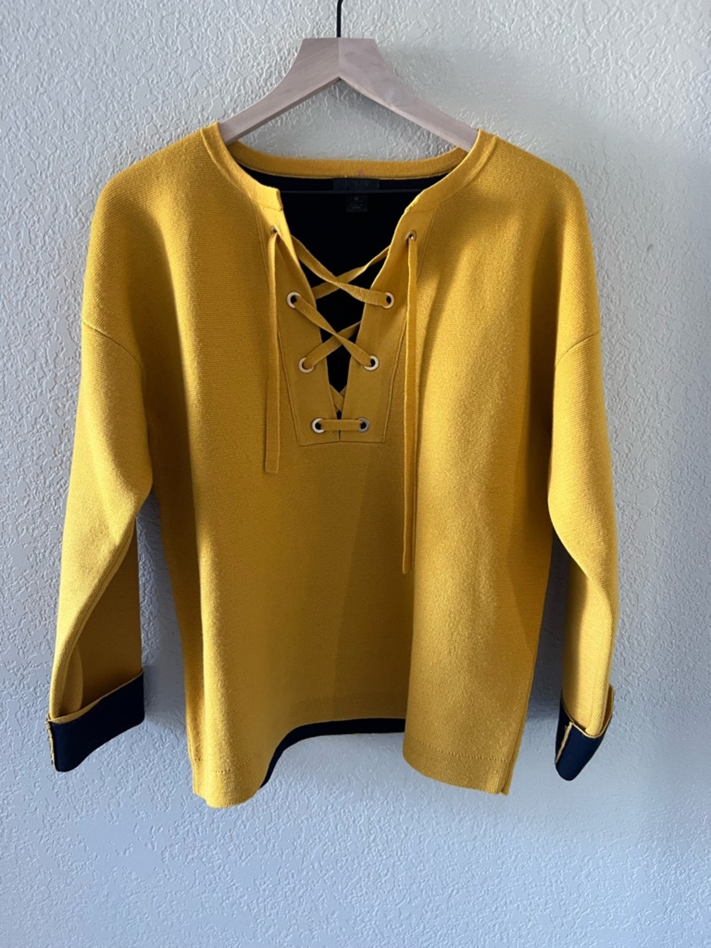 J. Crew 100% Merino Wool Mustard Lace-Up Sweater